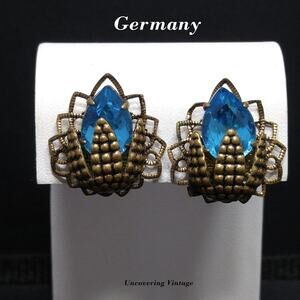 Germany Turquoise Filigree Clip Earrings, Large Rhinestone, 1940s Vintage